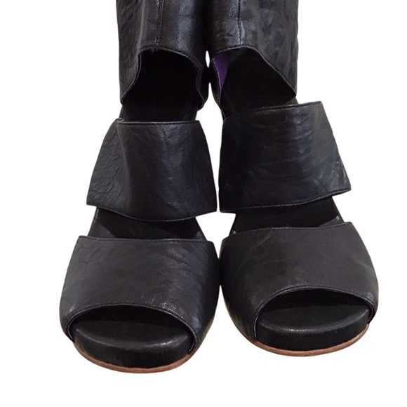 Anthropologie Gee Wa Wa Black Leather Gladiator Peep Toe Heels - Picture 7 of 9